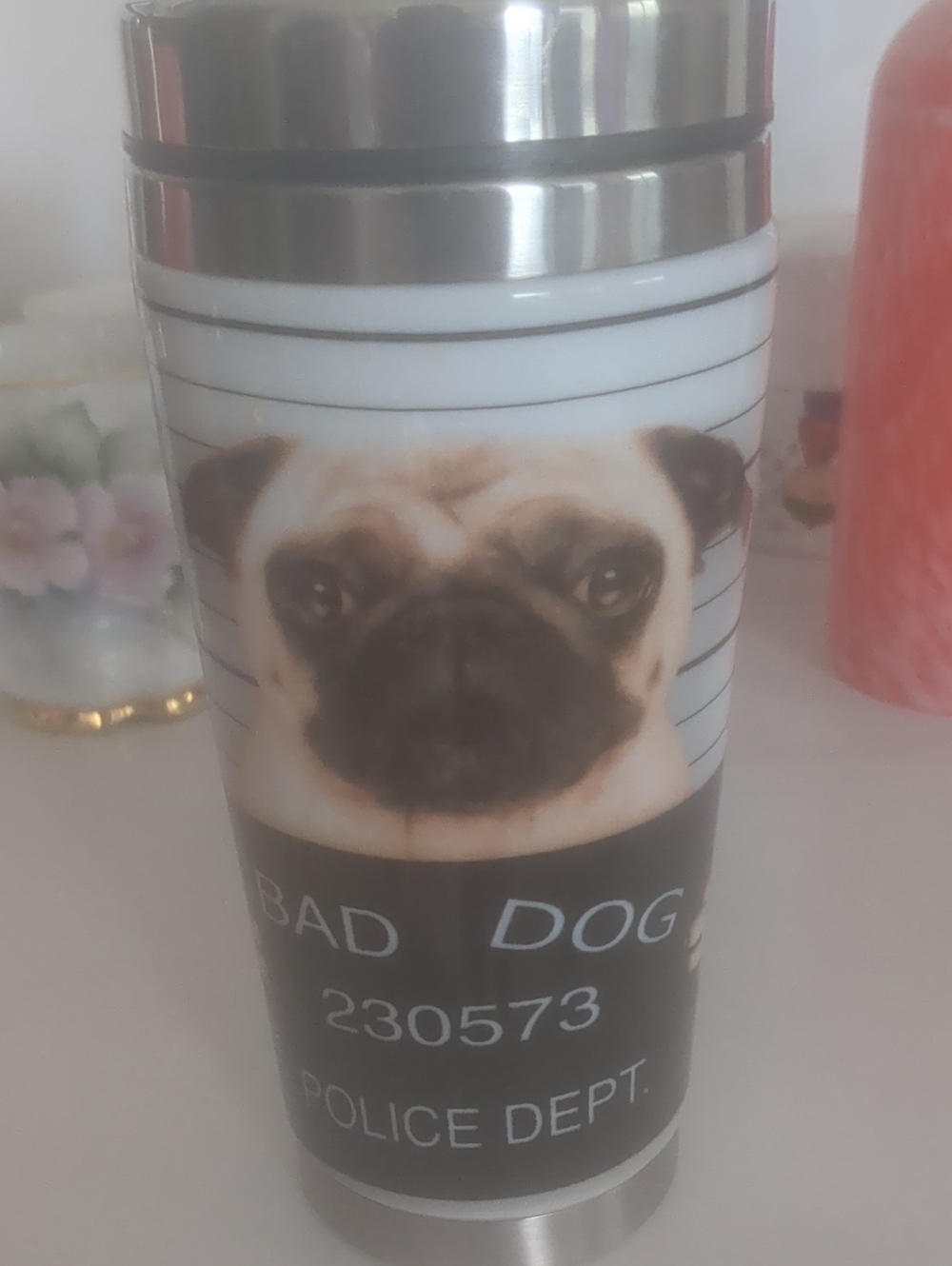 Bad Dog Pug Travel Mug - White and Black